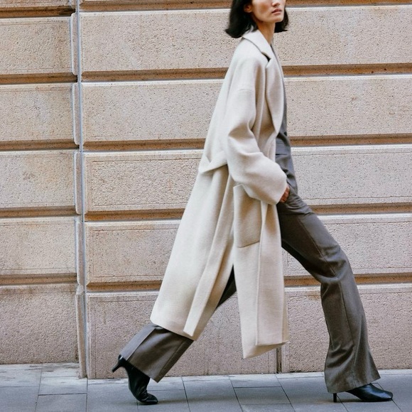 Zara wool blend belted wrap coat cream - Picture 4 of 13